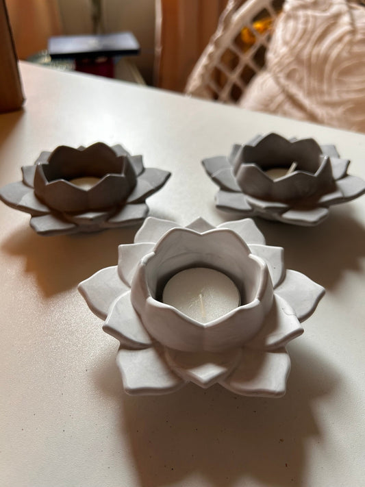 Grey & White Ceramic Lotus Candle Holders - set of 3